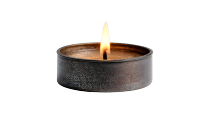 A single, small, unlit tealight candle in a simple metal holder, isolated on a pure Transparent Background.