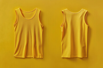 Yellow sleeveless tank top front and back view, casual summer sportswear template, blank athletic singlet mockup for design presentation