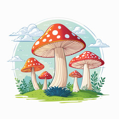 Landscape with red and white spotted mushrooms growing on grassy ground