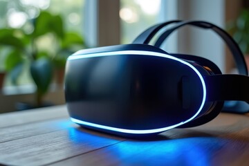 VR Headset with Glowing Light on Wooden Table