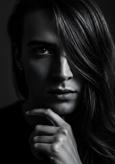 Obraz premium Mysterious figure in a monochromatic portrait, with dramatic lighting highlighting features.