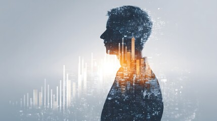 Silhouette of a thoughtful man with a glowing futuristic cityscape and financial data overlay, symbolizing innovation, business strategy, personal growth, and digital transformation in urban life.

