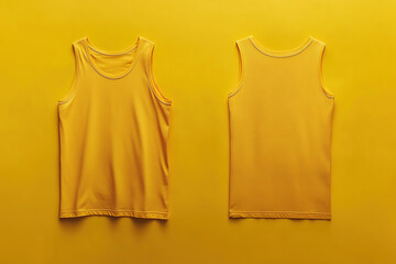 Yellow sleeveless tank top front and back view, casual summer sportswear template, blank athletic singlet mockup for design presentation