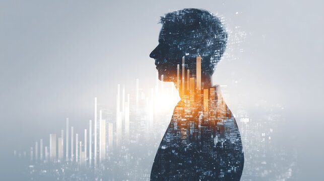 Silhouette of a thoughtful man with a glowing futuristic cityscape and financial data overlay, symbolizing innovation, business strategy, personal growth, and digital transformation in urban life.

