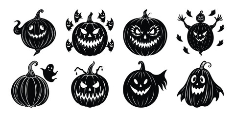 Ghostly Pumpkin Faces in Fog Halloween Silhouette Vector Bundle.