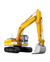 Construction Excavator in Action: A yellow excavator, poised on tracks, is captured in a professional, detailed, and dynamic illustration, poised in a setting where it appears prepared for a task.