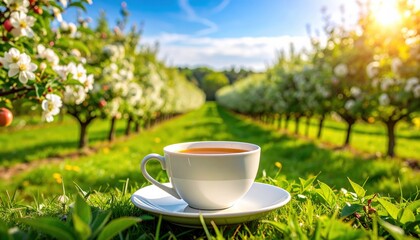  Cup of apple tea with an apple orchard in the background