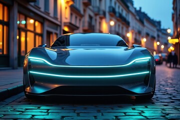 Modern Blue Car Parked on Cobblestone Street at Night