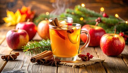 Hot apple drink on a wooden surface with autumn fruits