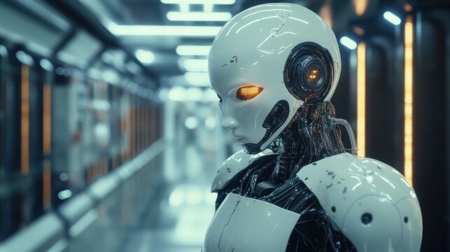 Explore a futuristic robot standing in a sleek, high-tech corridor, featuring glowing elements and a unique design that embodies advanced artificial intelligence concepts.