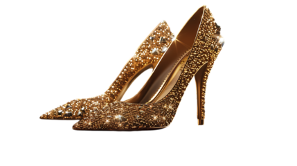 Sparkling gold glitter high heel shoes isolated on transparent background, a glamorous footwear choice for women, perfect for adding a touch of luxury to any outfit