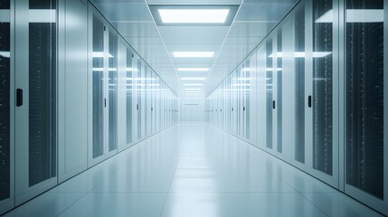 infinite server room stretching into the distance, cool white lighting and tech details, silent and empty 
