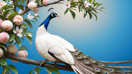 Elegant white peacock resting on blossoming apricot plum branches with a soft blue backdrop