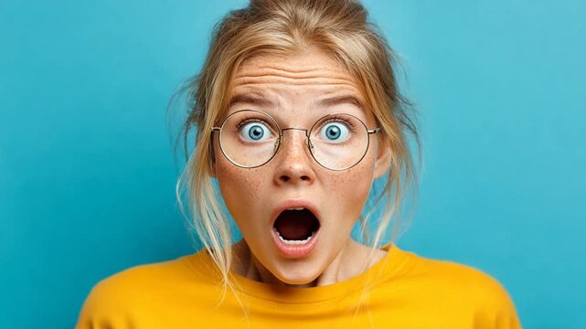 A fair-skinned woman with blond hair in a bun and round glasses, is wide-eyed with mouth open. Yellow top, blue backdrop