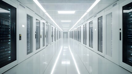 infinite server room stretching into the distance, cool white lighting and tech details, silent and empty 
