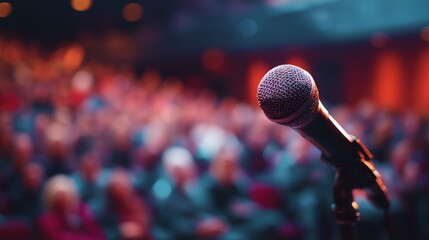 Close-up of a microphone on stage with a blurred audience in the background, symbolizing public speaking, live performance, presentation, motivation, or entertainment in a crowded auditorium.

