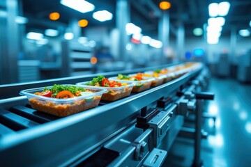 Food Containers on Conveyor Belt in Factory