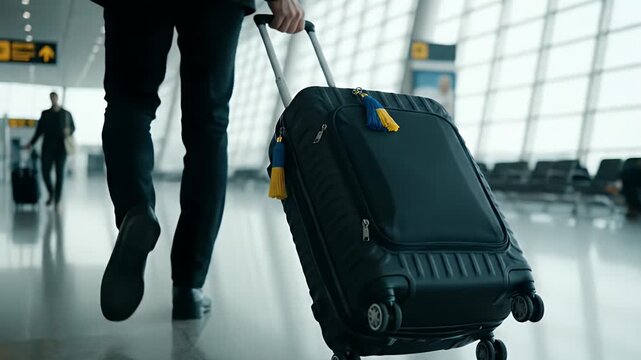 Rear view of a businessman walking through a bright airport terminal, pulling a suitcase with a yellow and blue Ukrainian flag tassel support ribbon, on an important corporate journey.