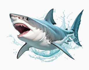 The shark is shown in a dynamic, mid-leap pose, with its powerful body arcing slightly. Its upper body is a cool, slate gray, and its underside is a stark white.
