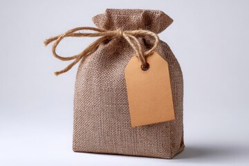 Small burlap gift bag tied with twine and a blank kraft paper tag for personalization