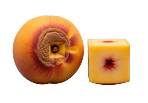 Ripe peach with brown-red bruise and square incision, geometric peach cube, isolated on seamless transparent with soft studio light, concept of natural imperfection and artificial precision