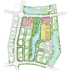 Detailed architectural plan showcasing a residential development with houses, roads, green spaces, and water features, designed for urban planning and real estate projects.