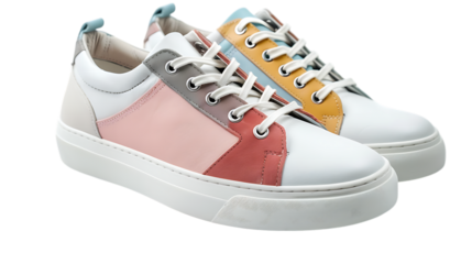Stylish colorful leather sneakers isolated on transparent background, a trendy footwear choice for casual fashion and athletic activities, showcasing modern design