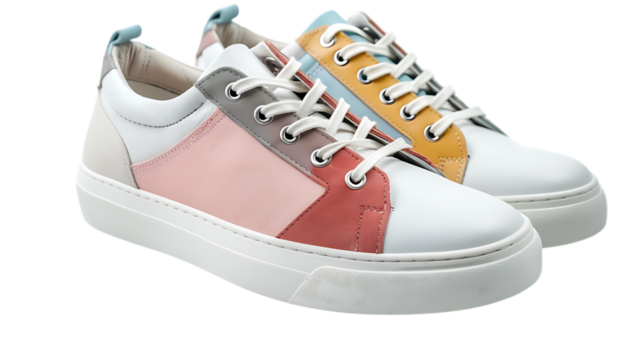 Stylish colorful leather sneakers isolated on transparent background, a trendy footwear choice for casual fashion and athletic activities, showcasing modern design