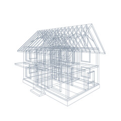 A detailed architectural blueprint of a modern house, showcasing the structural framework and design elements against a clean white background, perfect for construction and design concepts.
