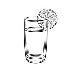 Hand drawn sketch of a tall glass of clear liquid with a lime slice garnish