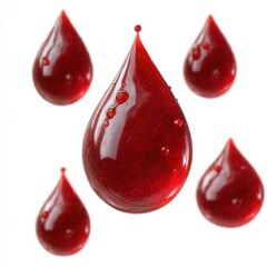 Five realistic red liquid droplets isolated on a white background with a high gloss finish