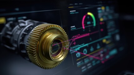 Detailed 3D rendering of mechanical gear teeth inside engine powertrain with colorful directional arrows, dark background highlighting skateboard drive system control panel interface for industrial de