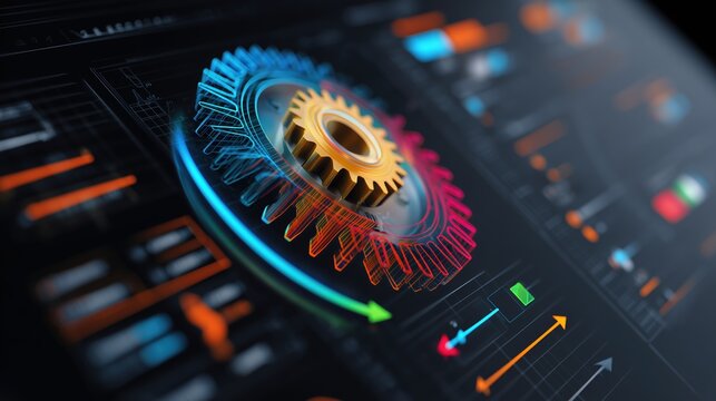Detailed 3D rendering of mechanical gear teeth inside engine powertrain with colorful directional arrows, dark background highlighting skateboard drive system control panel interface for industrial de - Powered by Adobe