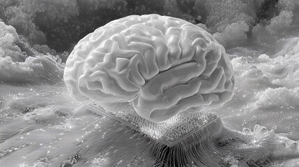 Surreal Concept of Brain on Circuit Board Surrounded by Technology