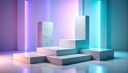 Abstract display podiums lit by vibrant neon lights