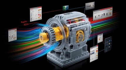 Detailed 3D rendering of mechanical gear teeth inside engine powertrain with colorful directional arrows, dark background highlighting skateboard drive system control panel interface for industrial de
