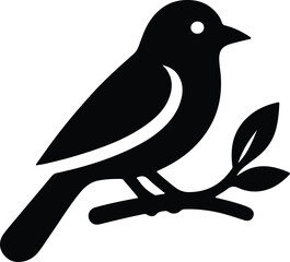 Silhouette songbird perched on branch with leaves vector illustrator
