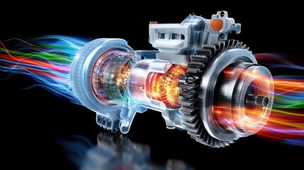 Detailed 3D rendering of mechanical gear teeth inside engine powertrain with colorful directional arrows, dark background highlighting skateboard drive system control panel interface for industrial de