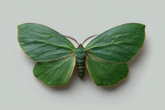 A detailed close up of a vibrant green moth with textured wings resting on a neutral background - Powered by Adobe