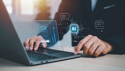 Fototapeta premium Businessperson using laptop with AI interface (1)