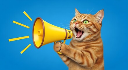 Fototapeta premium Funny cat with a yellow megaphone on isolated blue background. Concept for public announcements, news, and important alerts.