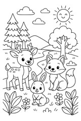 Coloring page with cute deer, bunny, and fox in a bright forest scene with flowers, trees, and a smiling sun. Perfect for kids to enjoy creative coloring fun