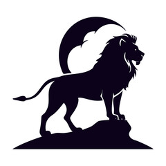 a majestic lion standing on a rock at sunset silhouette 