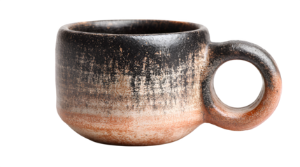 A small, aesthetically pleasing ceramic mug with a unique handle, empty, isolated on a pure Transparent Background.