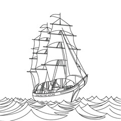 Detailed line drawing of a majestic tall ship sailing on wavy seas