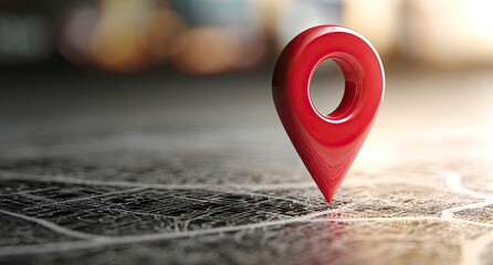 Red location pointer on map; destination planning with abstract city backdrop
