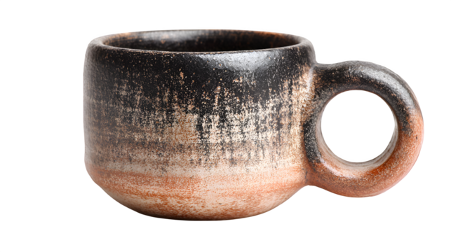 A small, aesthetically pleasing ceramic mug with a unique handle, empty, isolated on a pure Transparent Background.