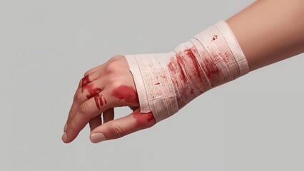 Injured hand with bloody bandage and dripping blood on a light background
