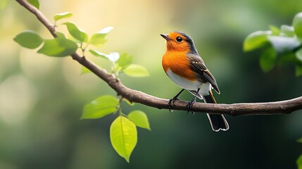 Vibrant Orange Bird Perched on Branch Surrounded by Green Leaves
