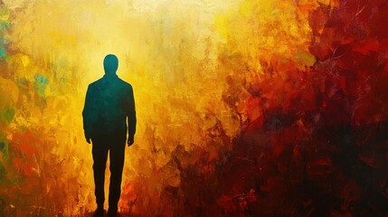 Fototapeta premium A captivating silhouette of a man stands alone against a vibrant, abstract background filled with warm colors. This artwork evokes deep emotions and invites reflection.